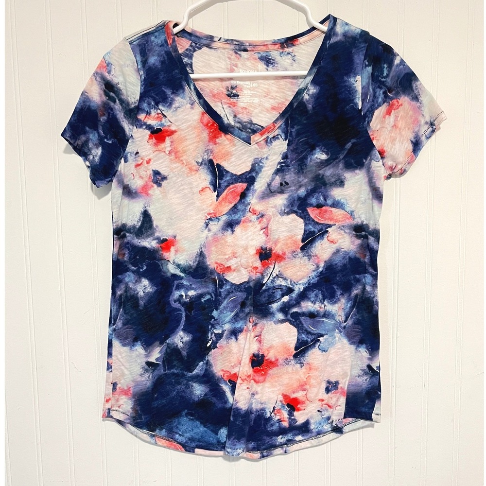 Sonoma Everyday Tee Women XS Blue Pink Floral V-Neck Slub T-Shirt Cotton blend
